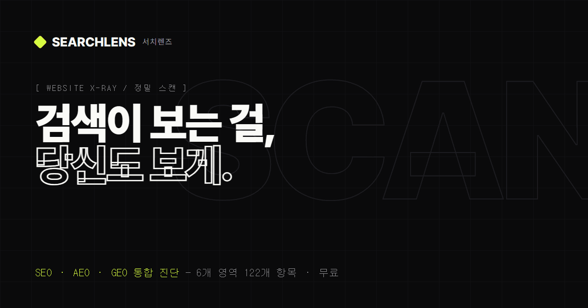 SearchLens가 웹사이트를 SEO·AEO·GEO 6개 영역으로 진단한 결과 리포트 예시